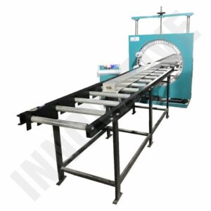 Heavy-duty Orbital Stretch Wrapping Machine with Conveyor for automatic wrapping of long industrial products using LDPE stretch film.