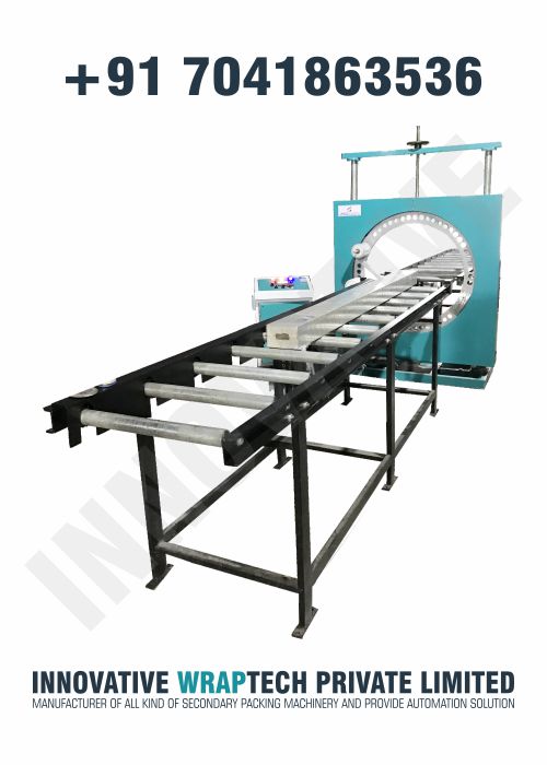 Heavy-duty Orbital Stretch Wrapping Machine with Conveyor for automatic wrapping of long industrial products using LDPE stretch film.