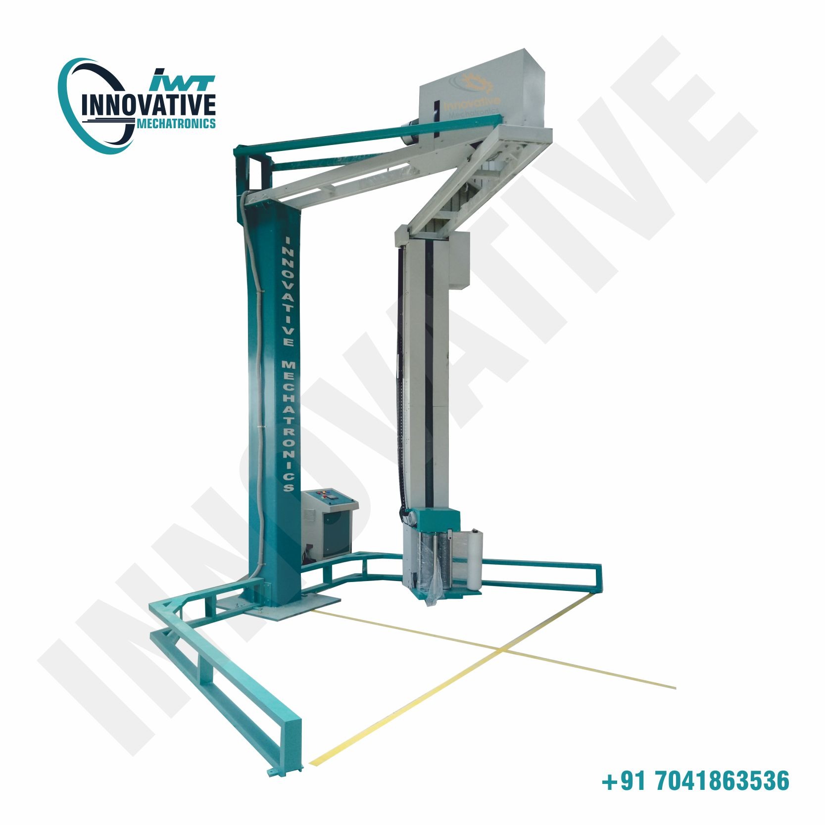 Heavy-duty Rotary Arm Stretch Wrapping Machine by Innovative WrapTech securely wrapping a stationary pallet load in an industrial facility.
